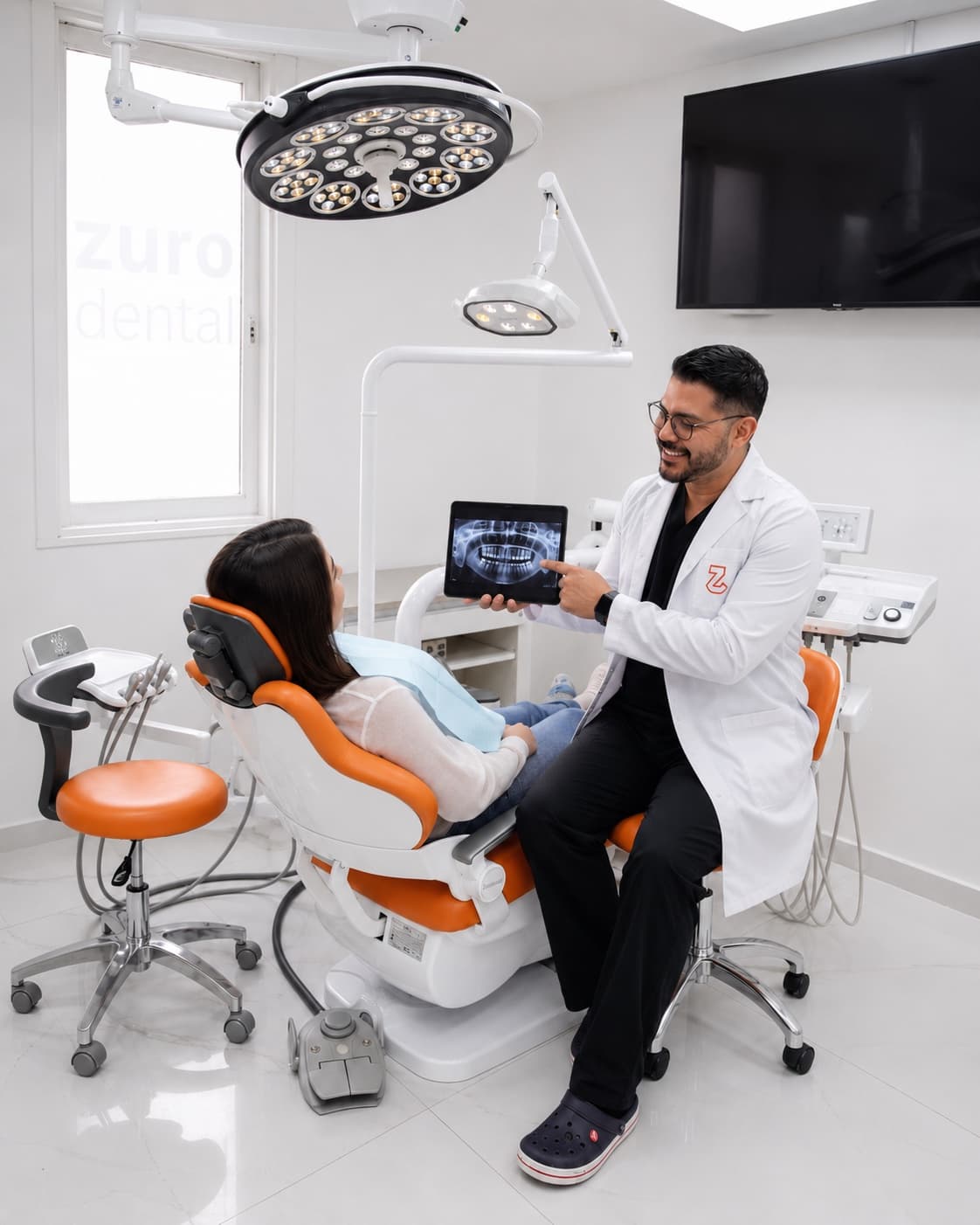 Cirujano maxilofacial de Zuro Dental mostrando una radiografía panorámica a una paciente en la clínica de Recoleta